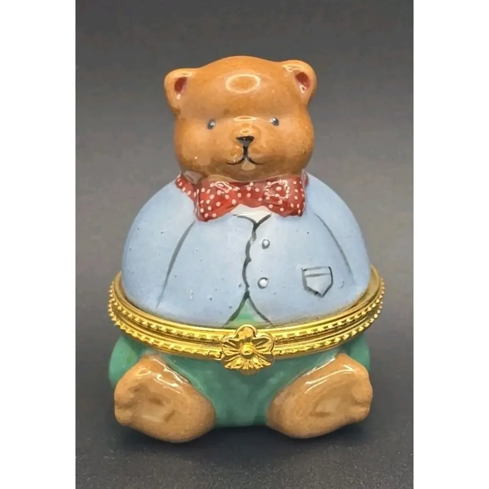 Vintage Noah’s Ark Boy Brown Teddy Bear Trinket Box Ceramic Porcelain 1996 PB24